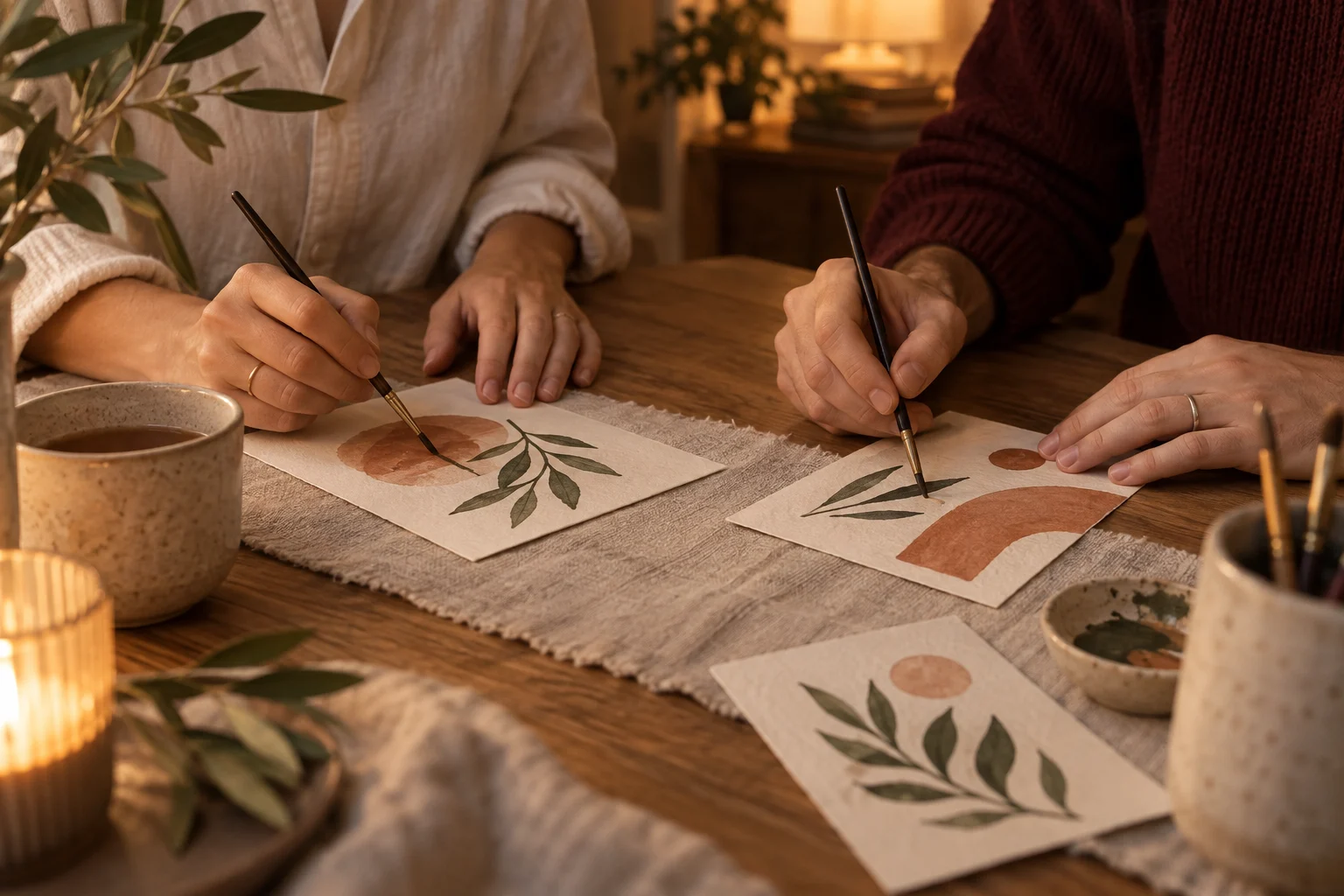 Illustrative close-up of two people making art side by side.